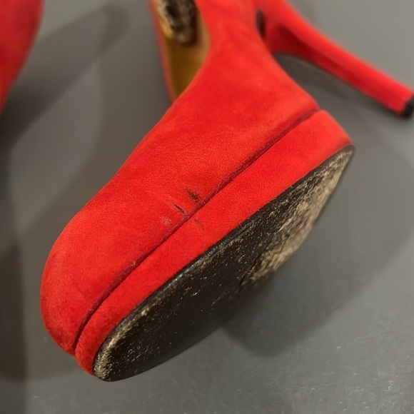 St. John Red Suede Pumps - Size 7 - Classic Platform High Heel Shoes - Picture 8 of 12